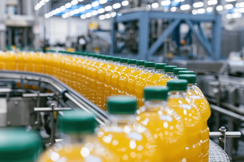 Rows of filled clear plastic bottles with green caps moving along a conveyor in a factory bottling line