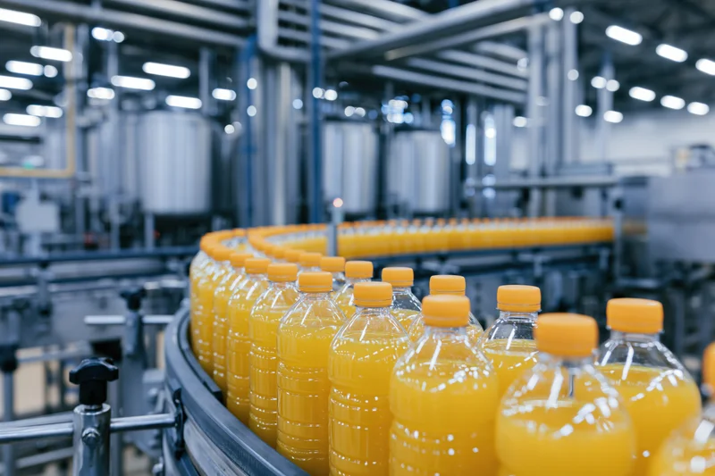 Orange juice bottles moving along a conveyor in a factory production line