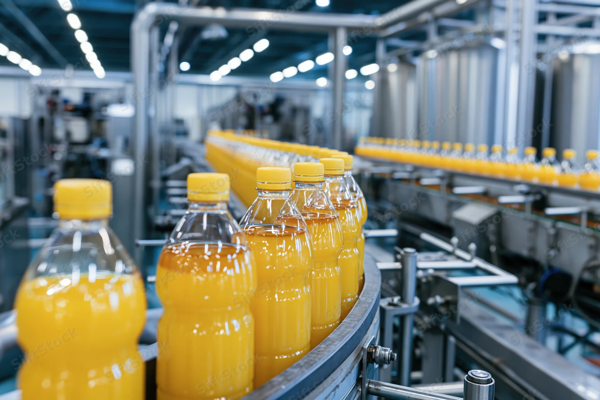 Orange juice bottles moving along a conveyor in a factory production line