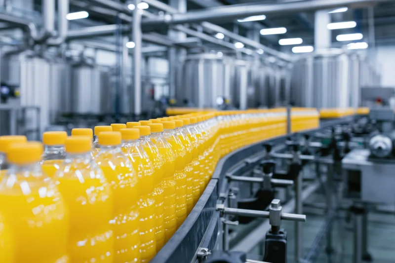 Rows of filled orange juice plastic bottles moving along a conveyor in a factory