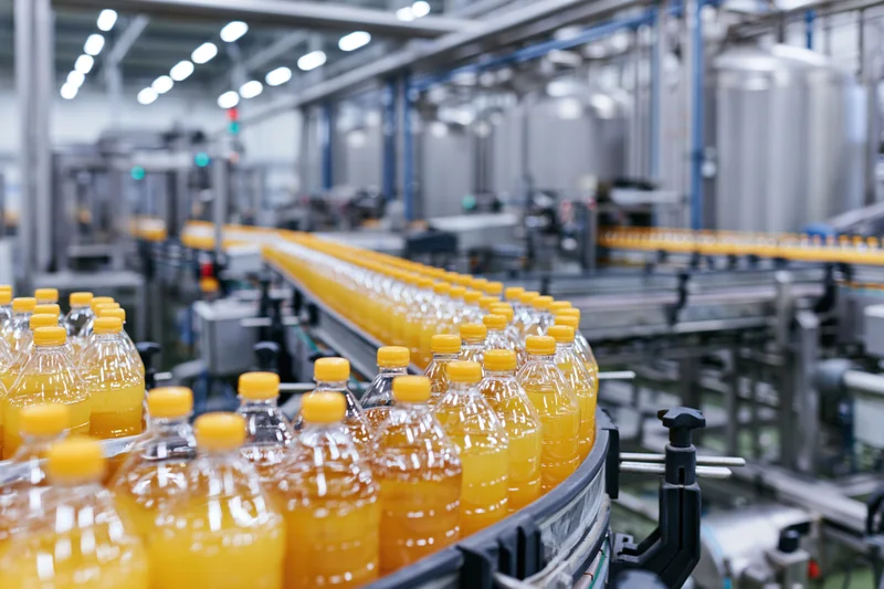 Rows of filled orange juice plastic bottles moving along a conveyor in a factory