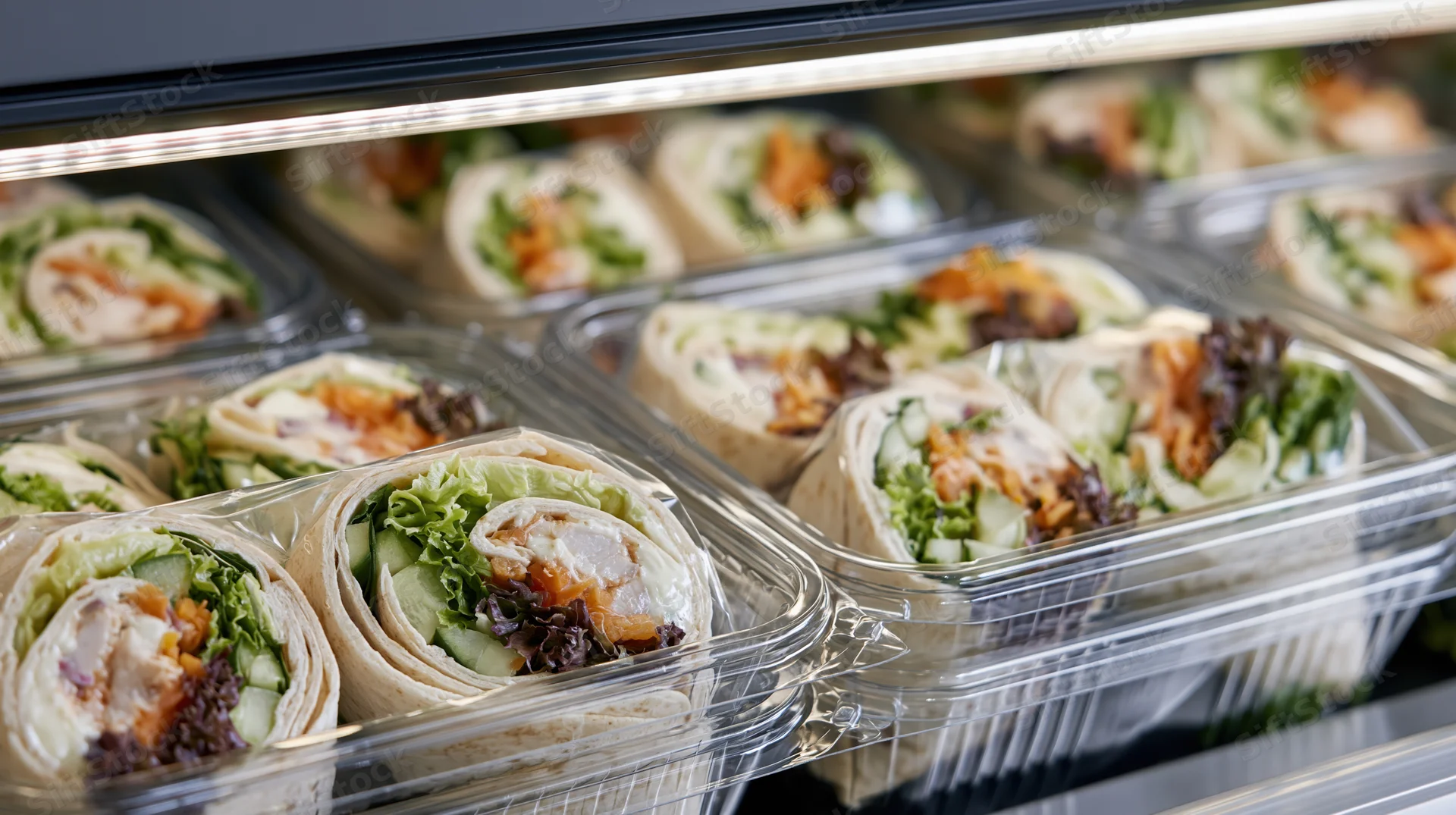 Halved tortilla wraps with vegetables and chicken in clear plastic containers on a refrigerated deli shelf