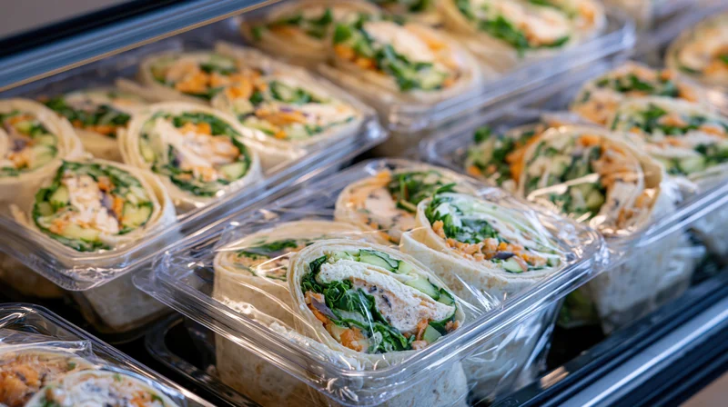 Halved tortilla wraps with vegetables and chicken in plastic containers on refrigerated display shelf