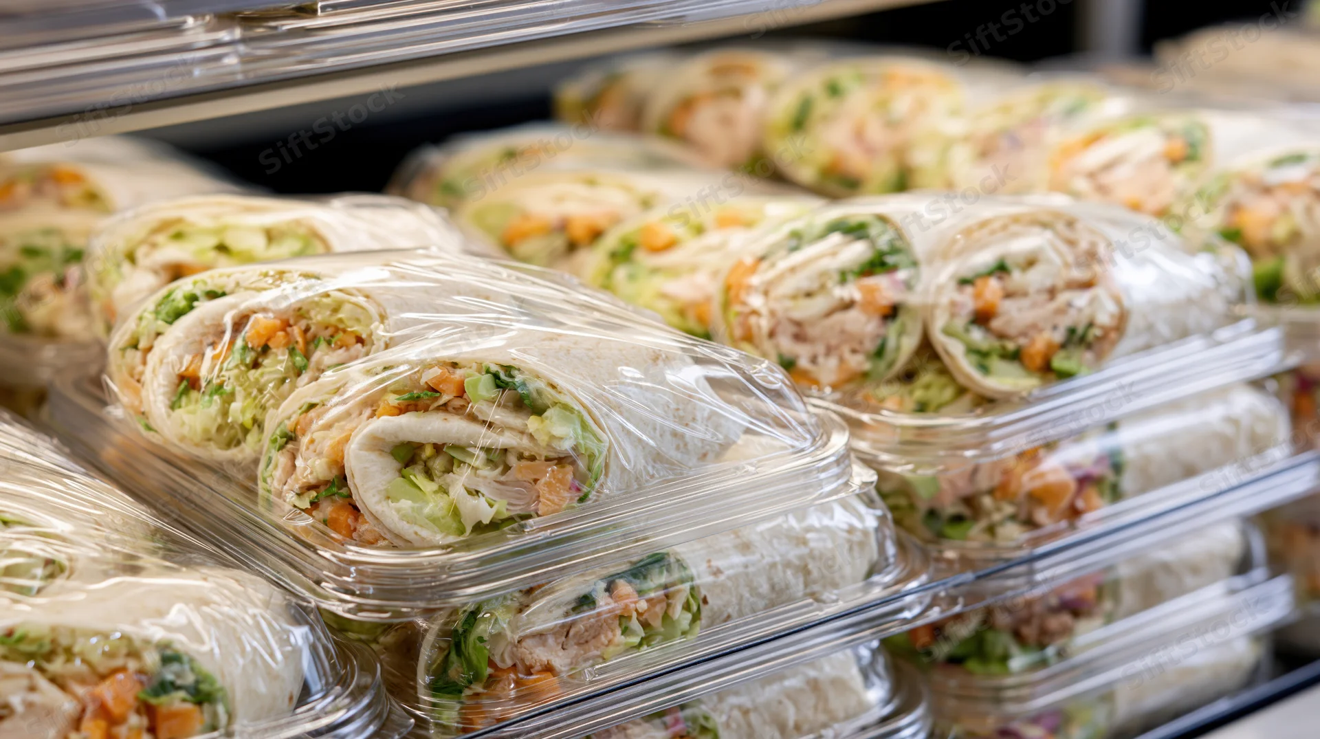 Halved tortilla wraps with visible vegetables and chicken in plastic containers on a refrigerated shelf