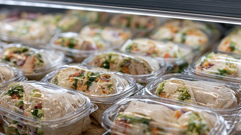 Halved tortilla wraps with vegetables and protein in clear plastic containers displayed in a refrigerated case