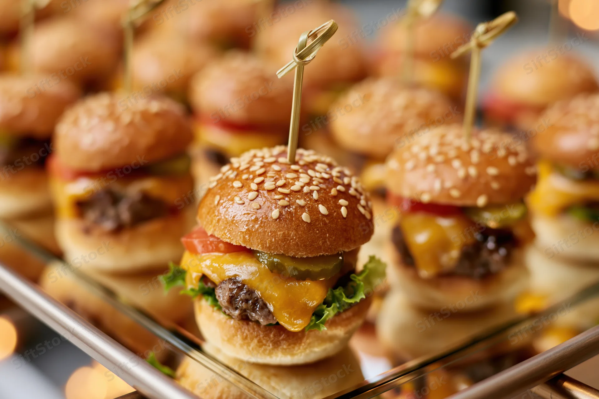 Mini beef sliders with cheese and vegetables on a mirrored glass tray for catering event