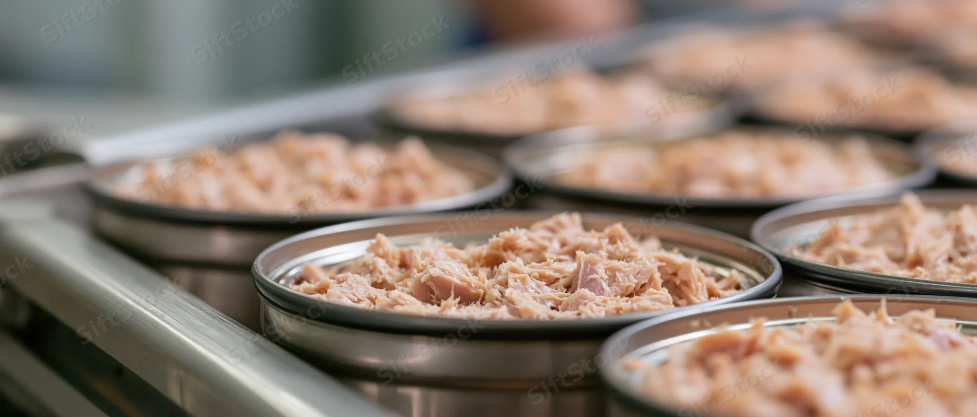 Rows of open metal cans filled with flaked tuna on a conveyor belt in a food processing factory