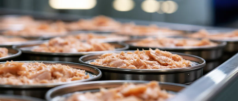 Rows of open metal cans filled with flaked tuna on a conveyor line in a food processing factory