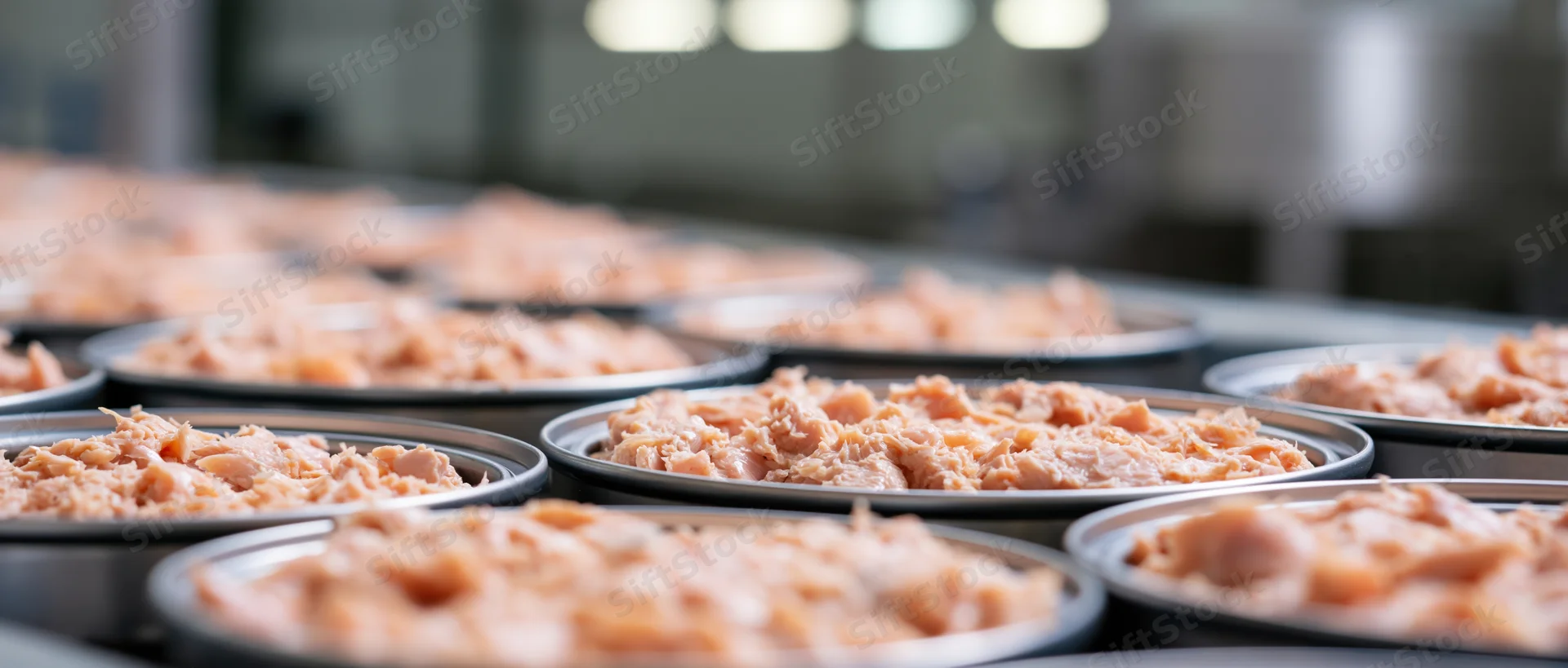 Rows of open metal cans filled with flaked tuna on a factory production line