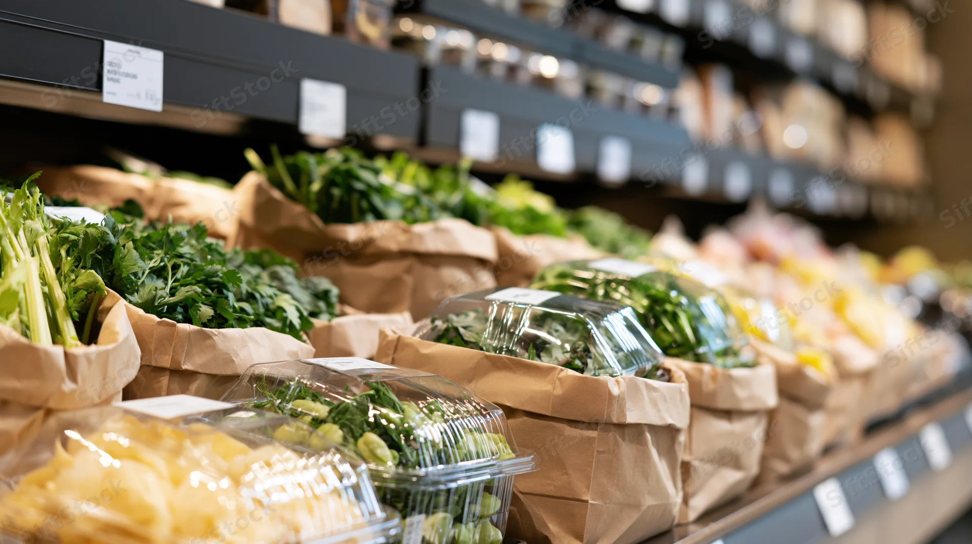 Rows of fresh vegetables in kraft paper bags and clear plastic containers on supermarket shelves