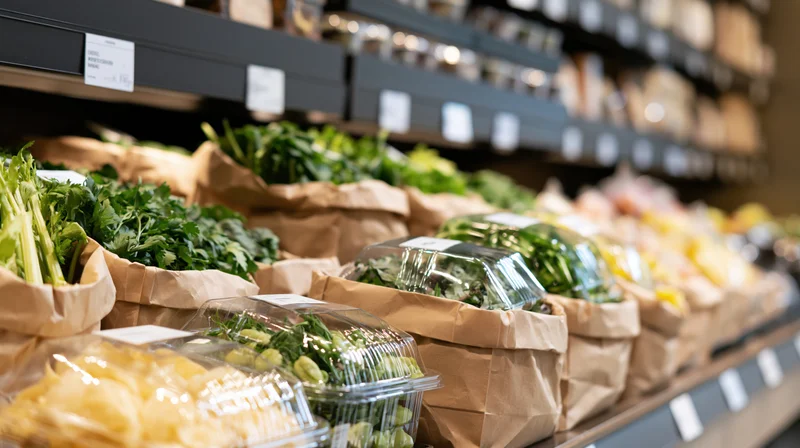 Rows of fresh vegetables in kraft paper bags and clear plastic containers on supermarket shelves