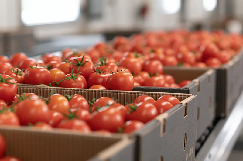 Ripe red tomatoes packed in cardboard boxes on a conveyor belt in a food processing facility