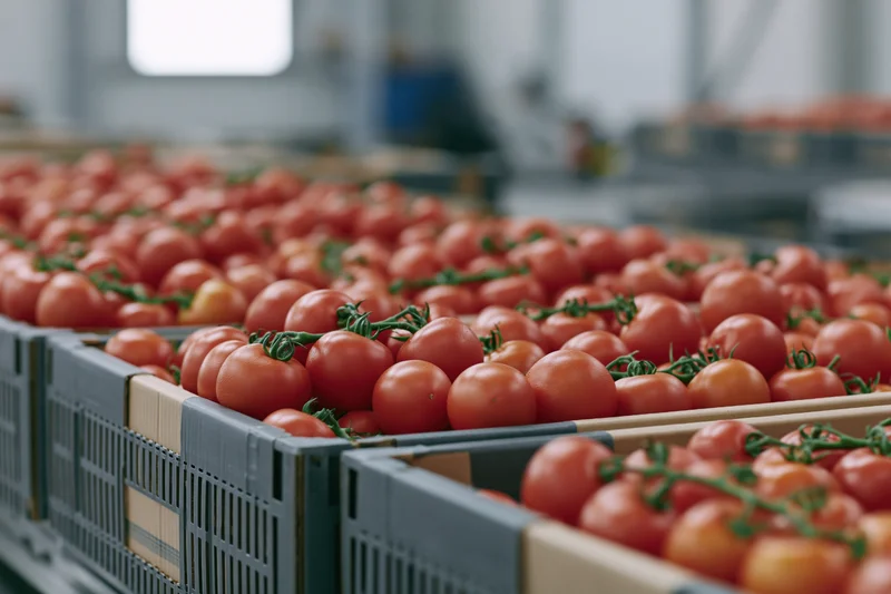Ripe red tomatoes on vines packed in cardboard crates in a food processing facility