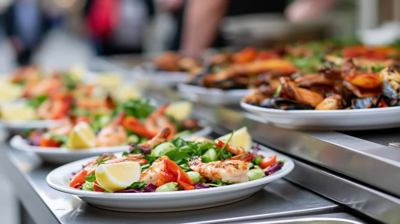 Grilled shrimp salad with lemon and vegetables served on white plates in a buffet line