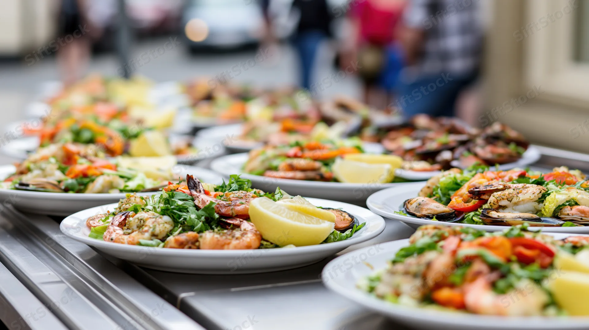 Rows of white plates with grilled shrimp and vegetables garnished with lemon and herbs on a metal serving tray outdoors