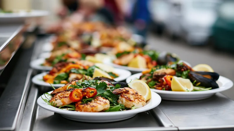 Rows of white plates with grilled shrimp and vegetables arranged on a metal tray in a restaurant setting