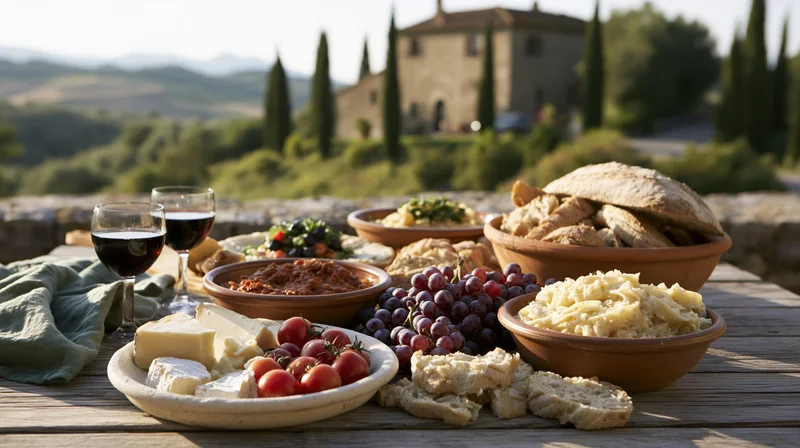Rustic italian outdoor table set with wine, cheese, tomatoes, grapes, bread and tapenade overlooking countryside villa