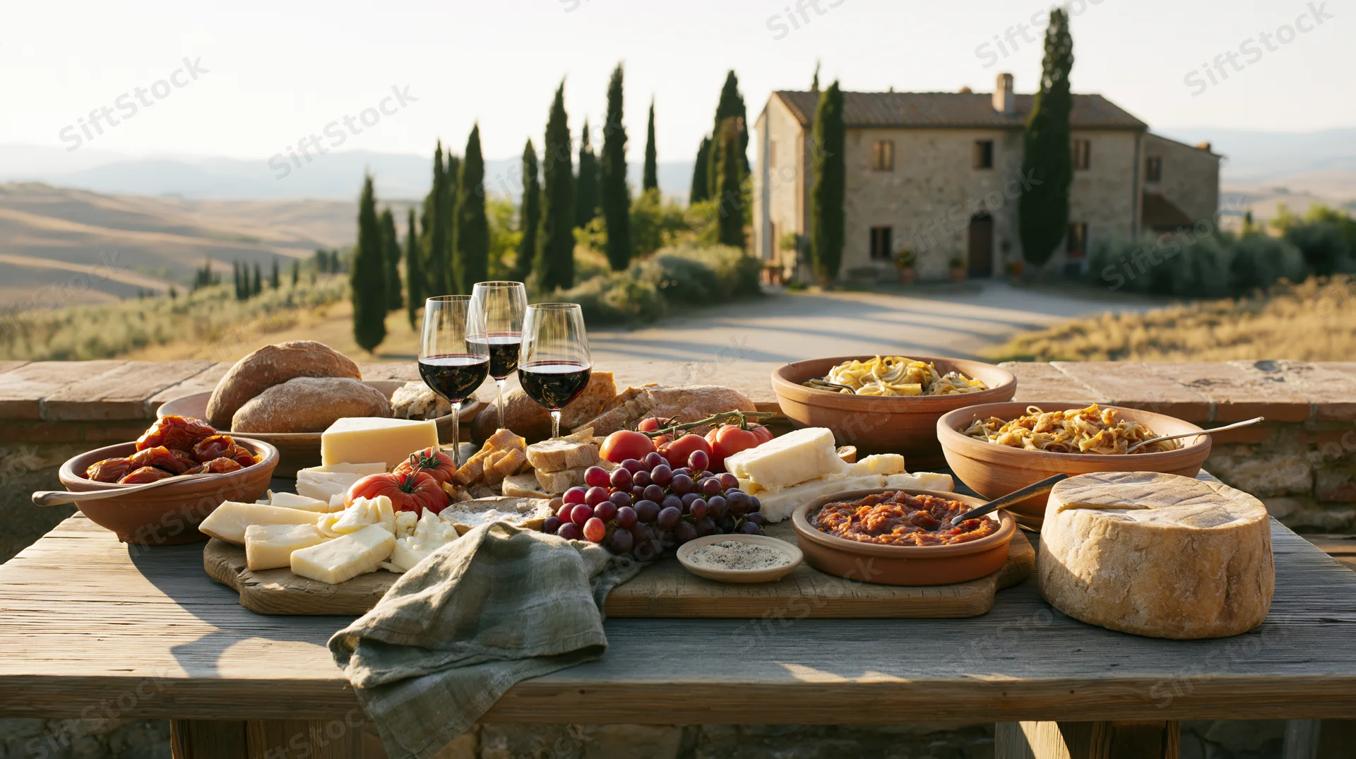 Rustic italian outdoor table set with cheese, wine, bread, and vegetables overlooking a stone villa and cypress-lined hills at sunset