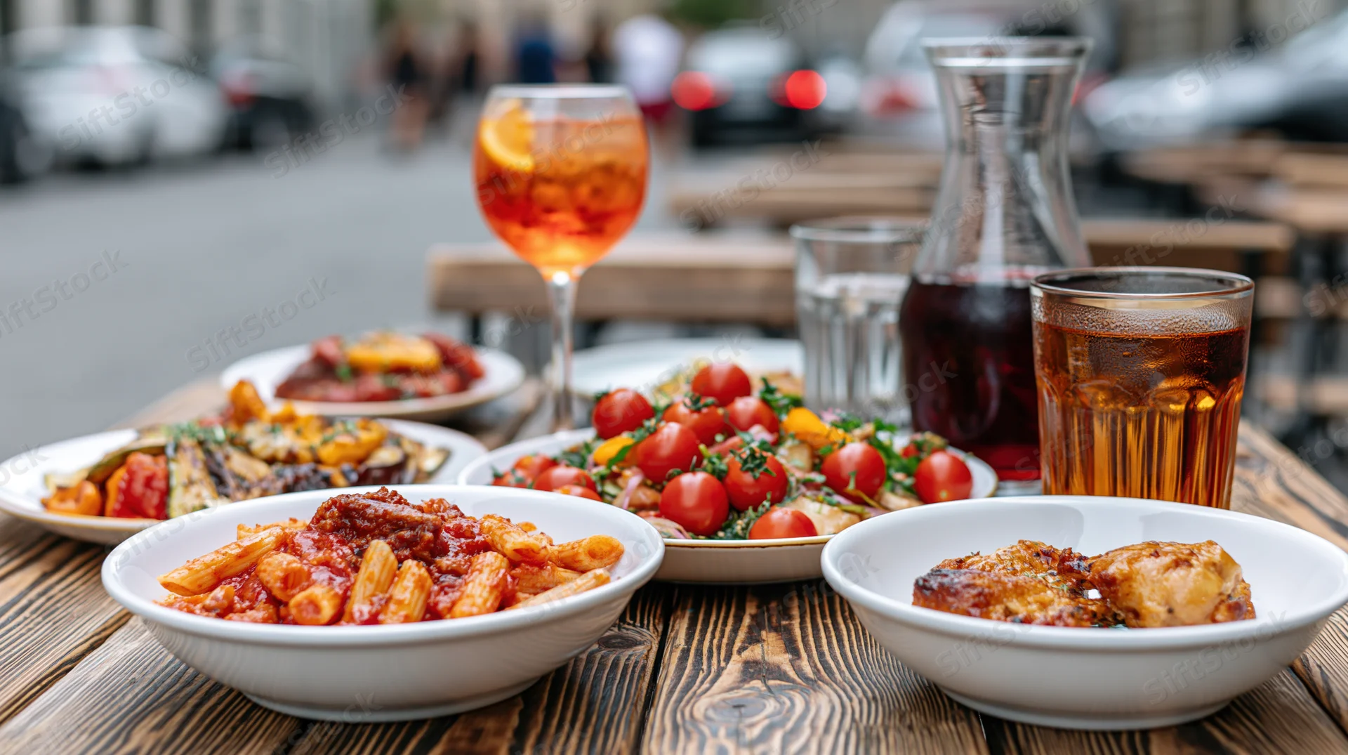 Rustic wooden outdoor table set with pasta, salad, chicken, and drinks at a restaurant