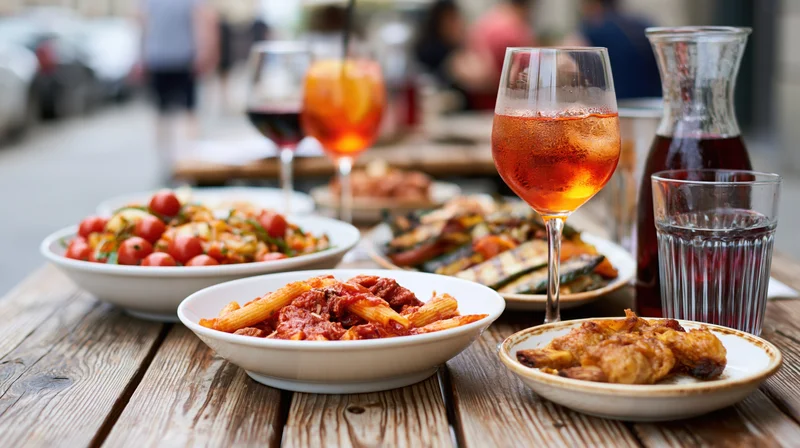 Rustic wooden table set with pasta, grilled vegetables, chicken, and wine glasses outdoors at a restaurant