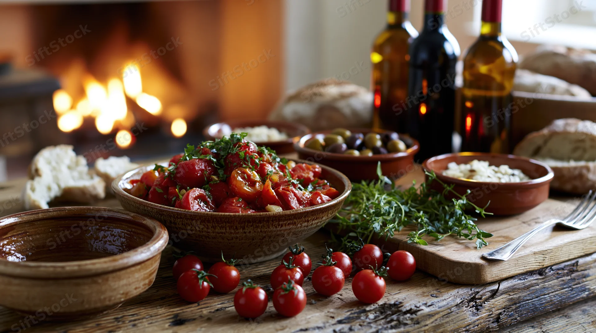 Rustic wooden table set with mediterranean dishes including tomato salad, olives, bread, wine, and herbs near a fireplace