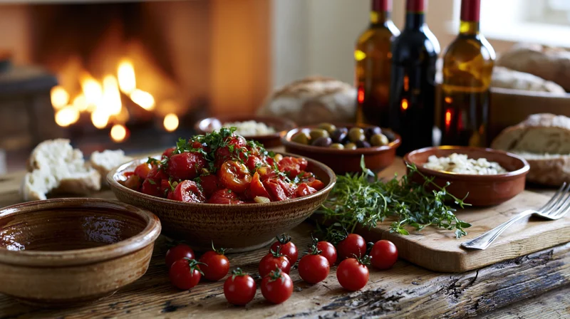 Rustic wooden table set with mediterranean dishes including tomato salad, olives, bread, wine, and herbs near a fireplace
