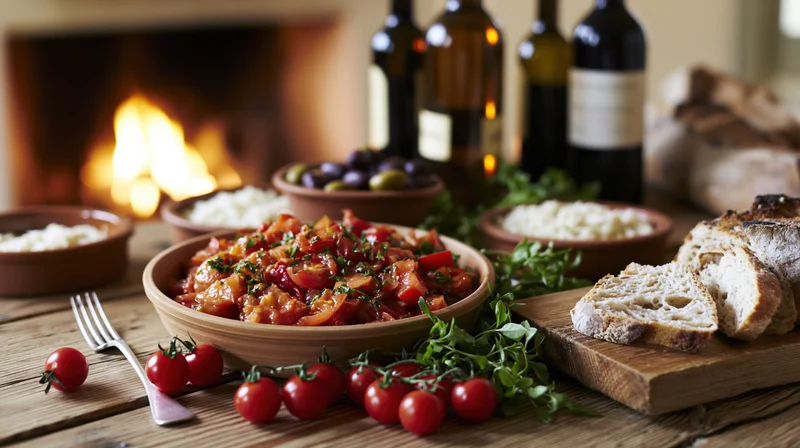 Mediterranean dinner spread with tomatoes, bread, wine and herbs on rustic wooden table by fireplace