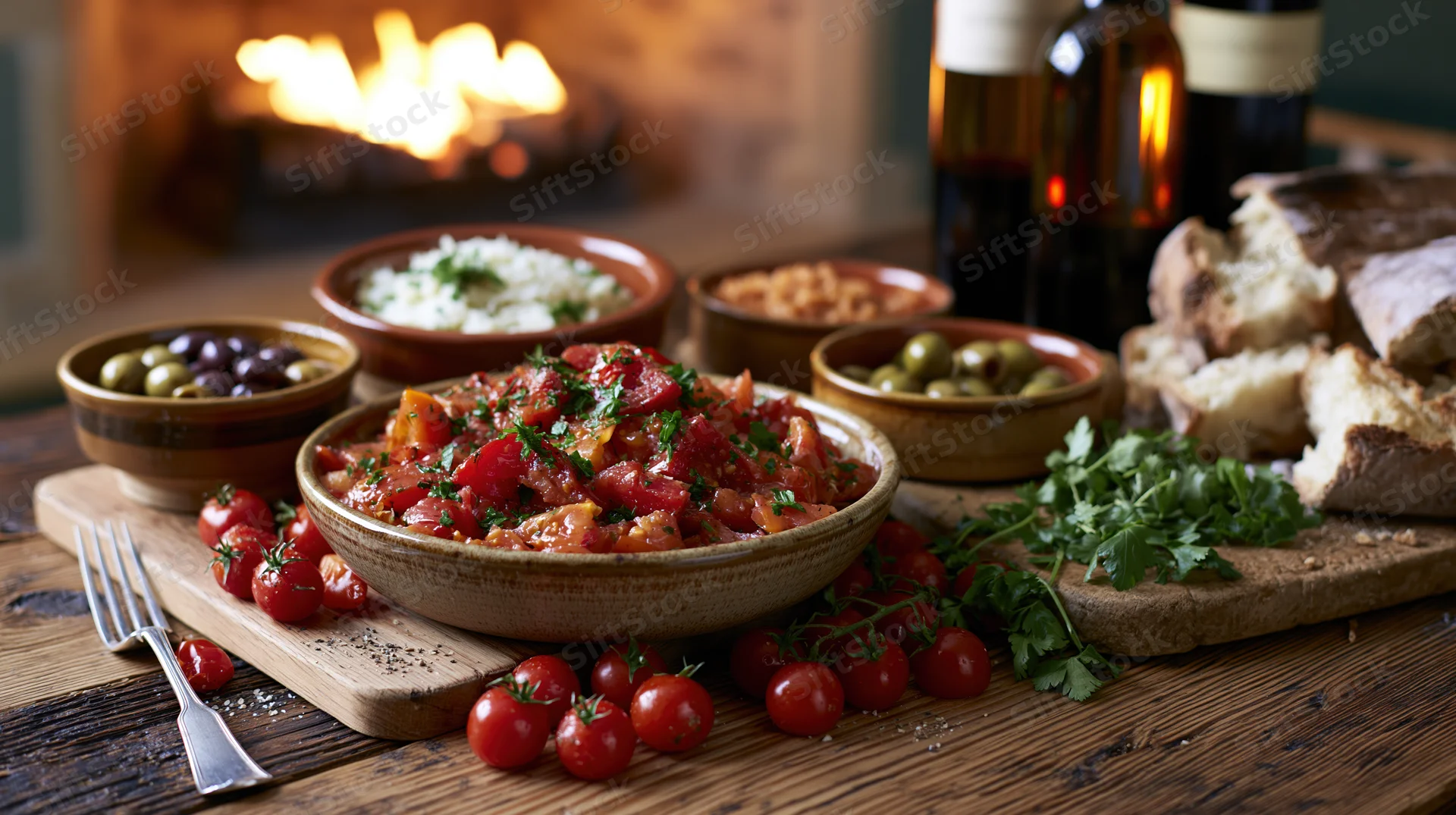 Mediterranean dinner spread on rustic wooden table with tomato salad, bread, olives and wine near fireplace