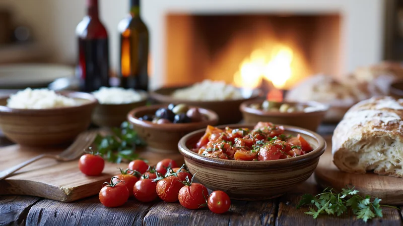 Rustic wooden table set with mediterranean dishes including tomatoes, bread, olives and wine near a fireplace