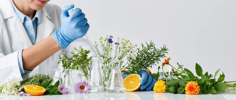 Scientist using pipette to transfer liquid into beaker surrounded by herbs and flowers on lab table