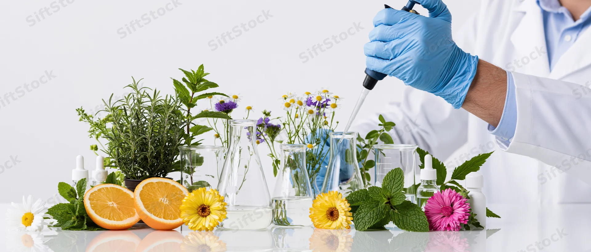 Scientist using pipette to transfer liquid in lab surrounded by herbs and flowers