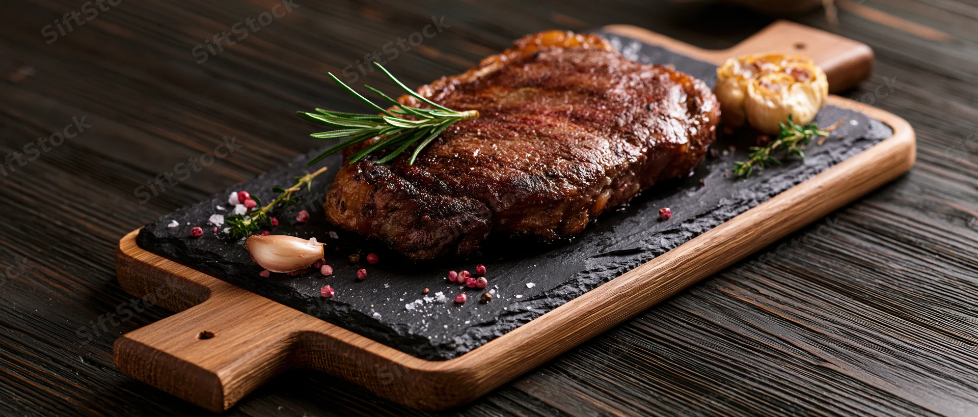 Seared beef steak on a dark slate board with rosemary and garlic, resting on a wooden cutting board on a dark wooden table