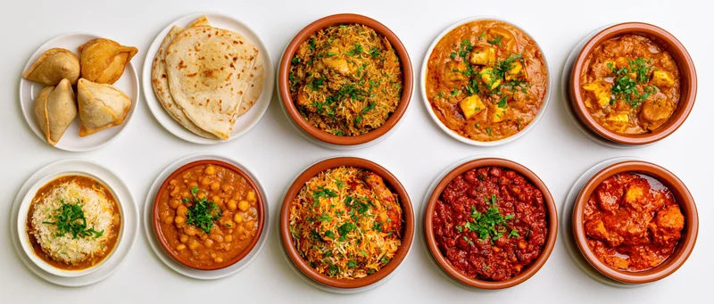 Seven indian dishes arranged in a horizontal row on white surface, overhead view