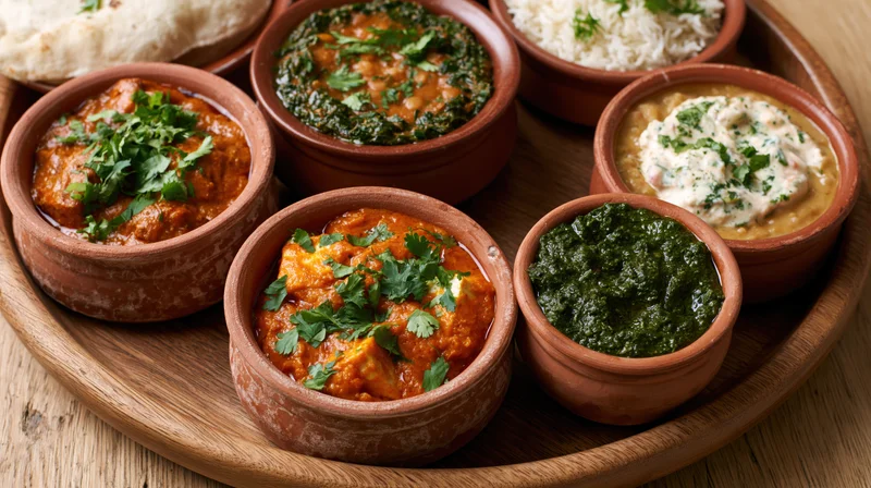 Indian curry dishes served in clay bowls on a wooden tray