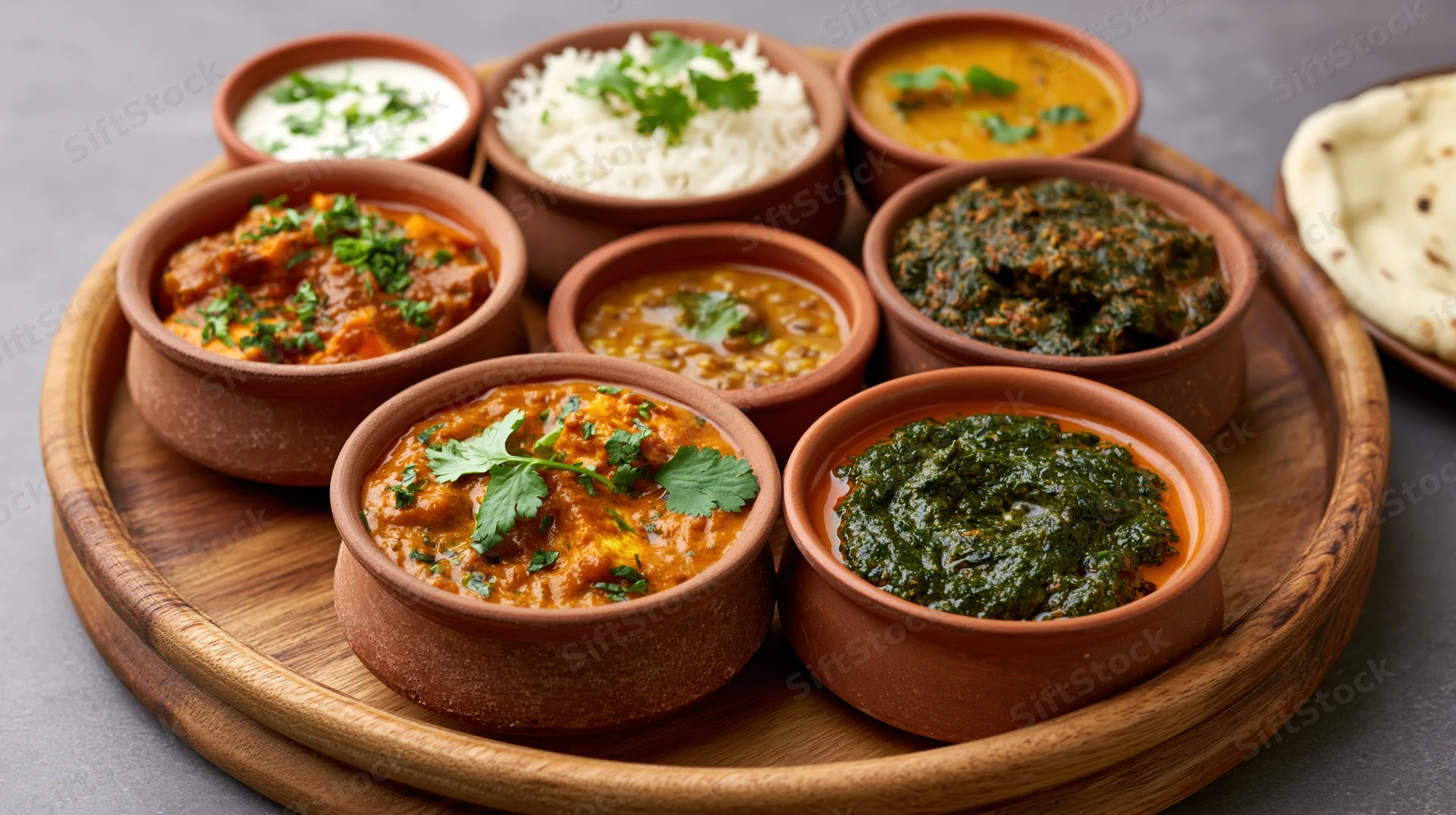 Indian thali meal served in clay bowls on a wooden tray with rice, curries, dal, yogurt and naan bread
