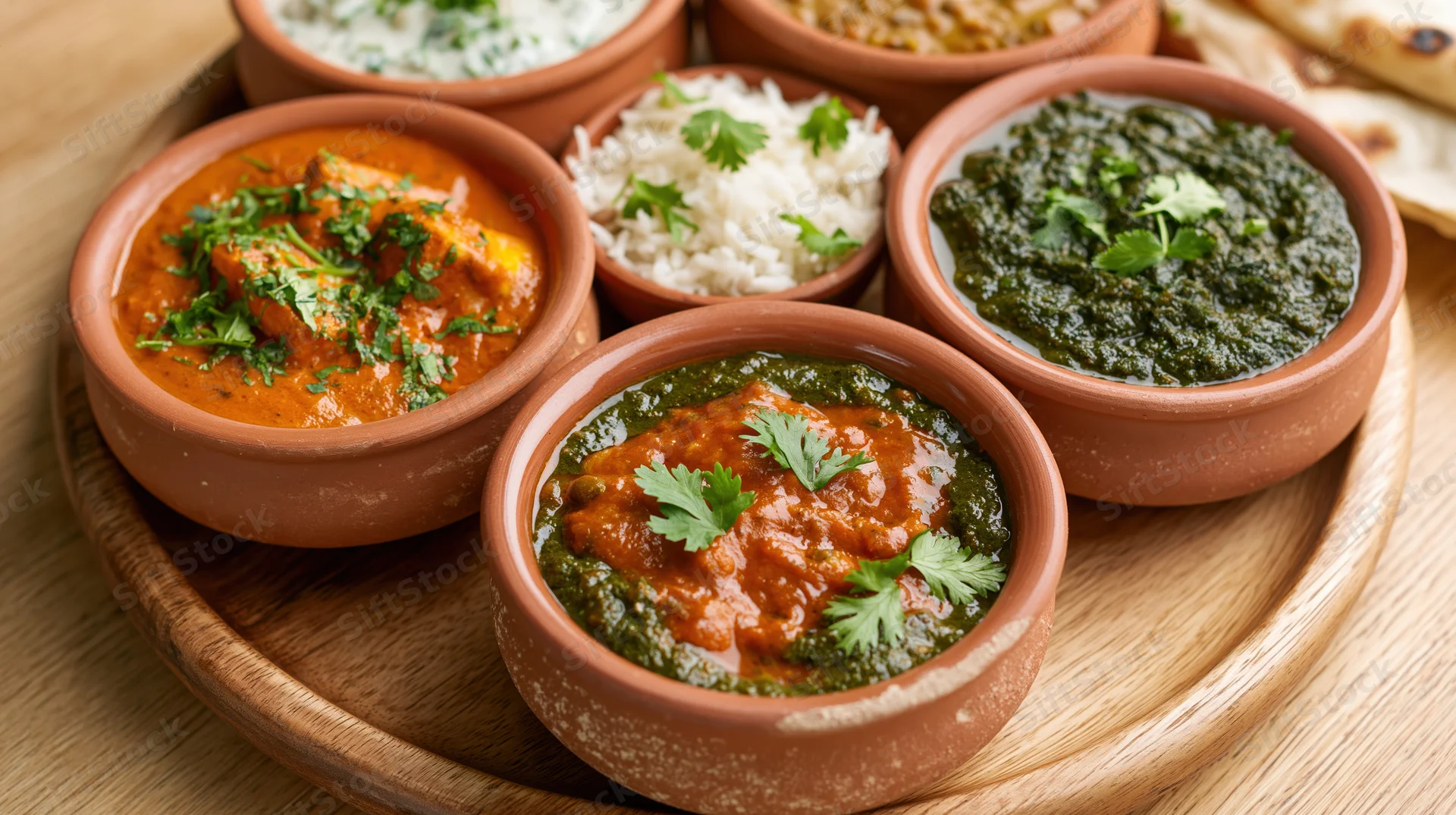 Indian thali meal served in clay bowls on a wooden tray with curry, rice, and naan bread