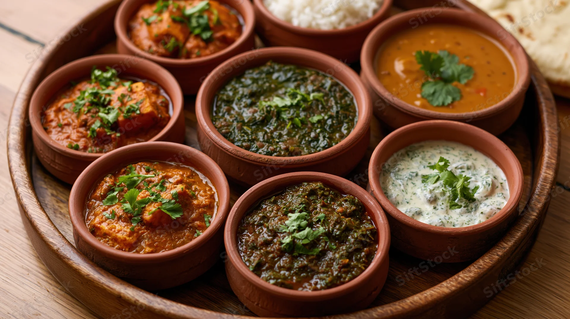 Seven clay bowls of indian curry dishes arranged on a wooden tray with rice and naan