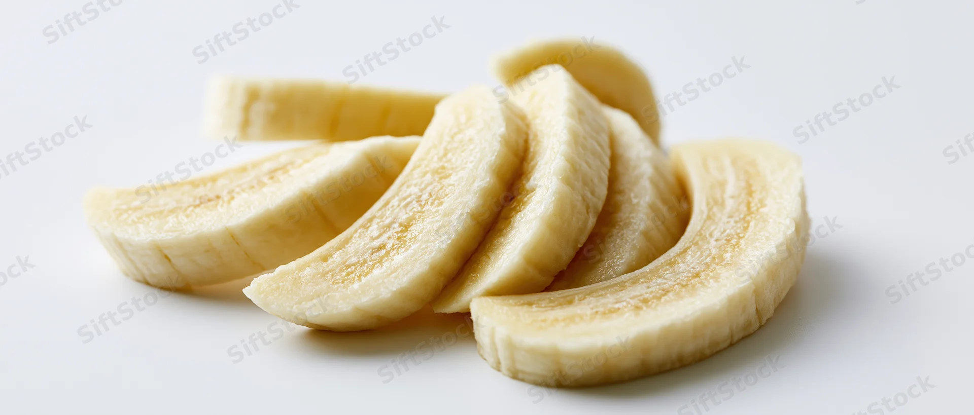 Banana slices arranged on a white surface with soft shadows