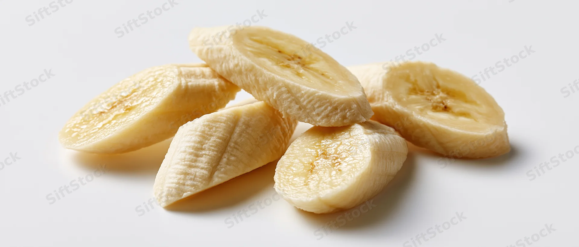 Banana slices arranged in a loose cluster on a white surface