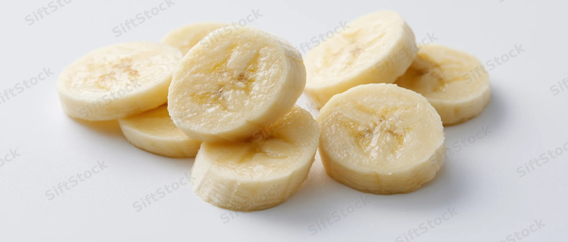 Banana slices arranged on a white surface with copyspace