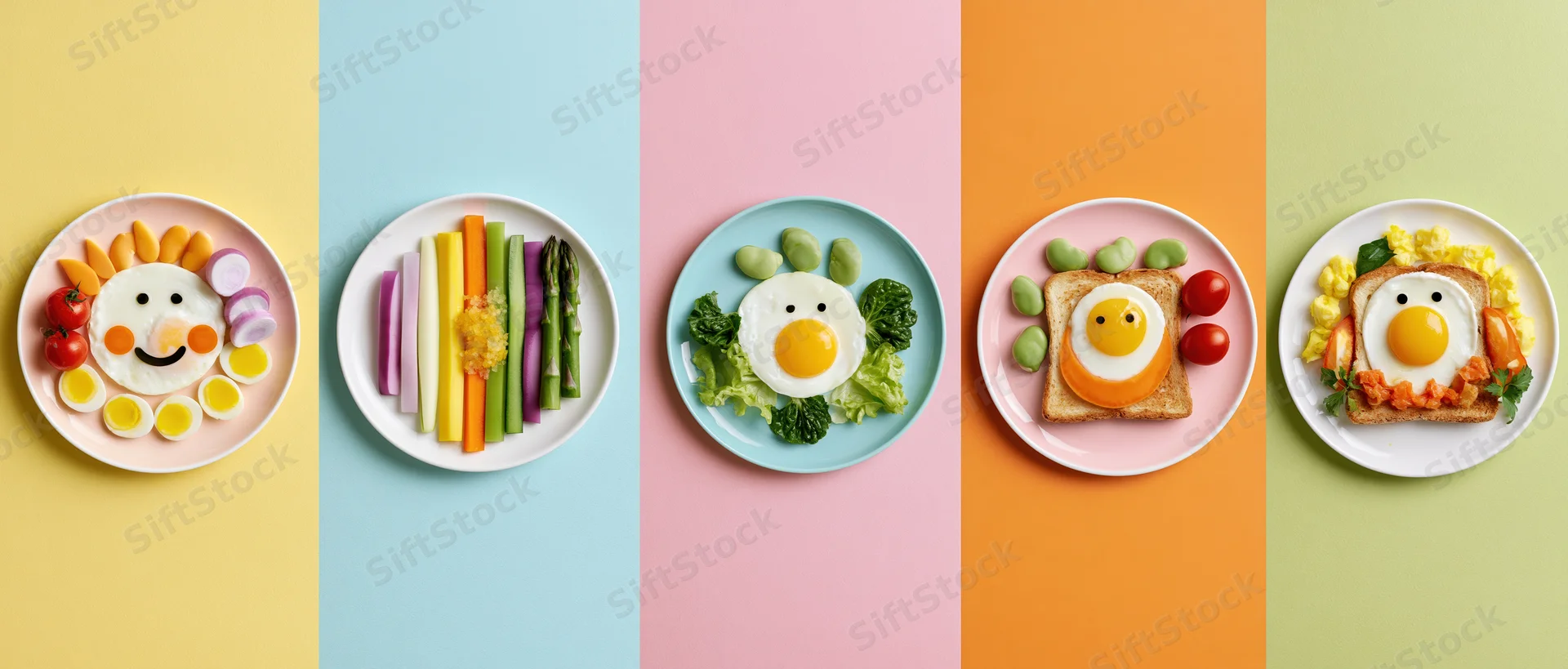 Five plates with creatively arranged breakfast foods on pastel-colored backgrounds