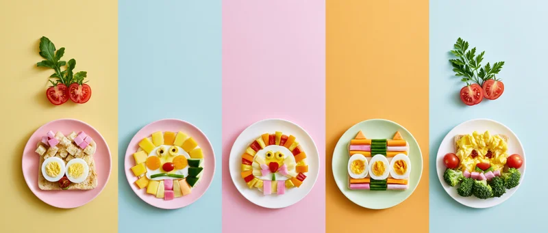 Five plates with creatively arranged breakfast foods shaped like animals and faces on pastel-colored background