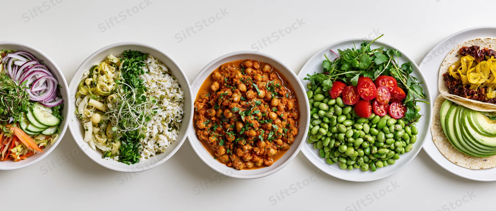 Five plant-based meals in white bowls and plates arranged in a row on a white surface