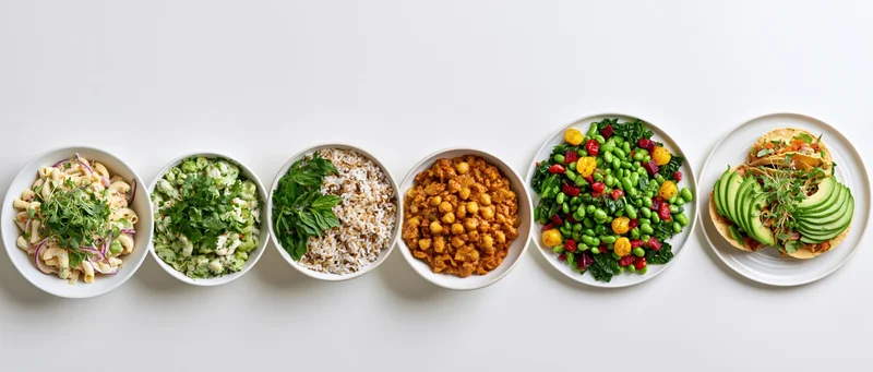 Six bowls and plates with different plant-based meals arranged in a row on a white surface