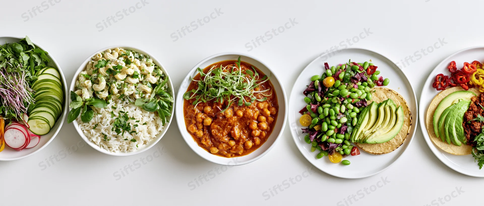 Five plant-based meals served in white bowls and plates arranged in a horizontal row on a white surface