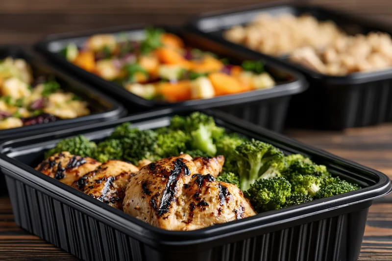 Grilled chicken and broccoli in black plastic meal prep containers on dark wooden surface