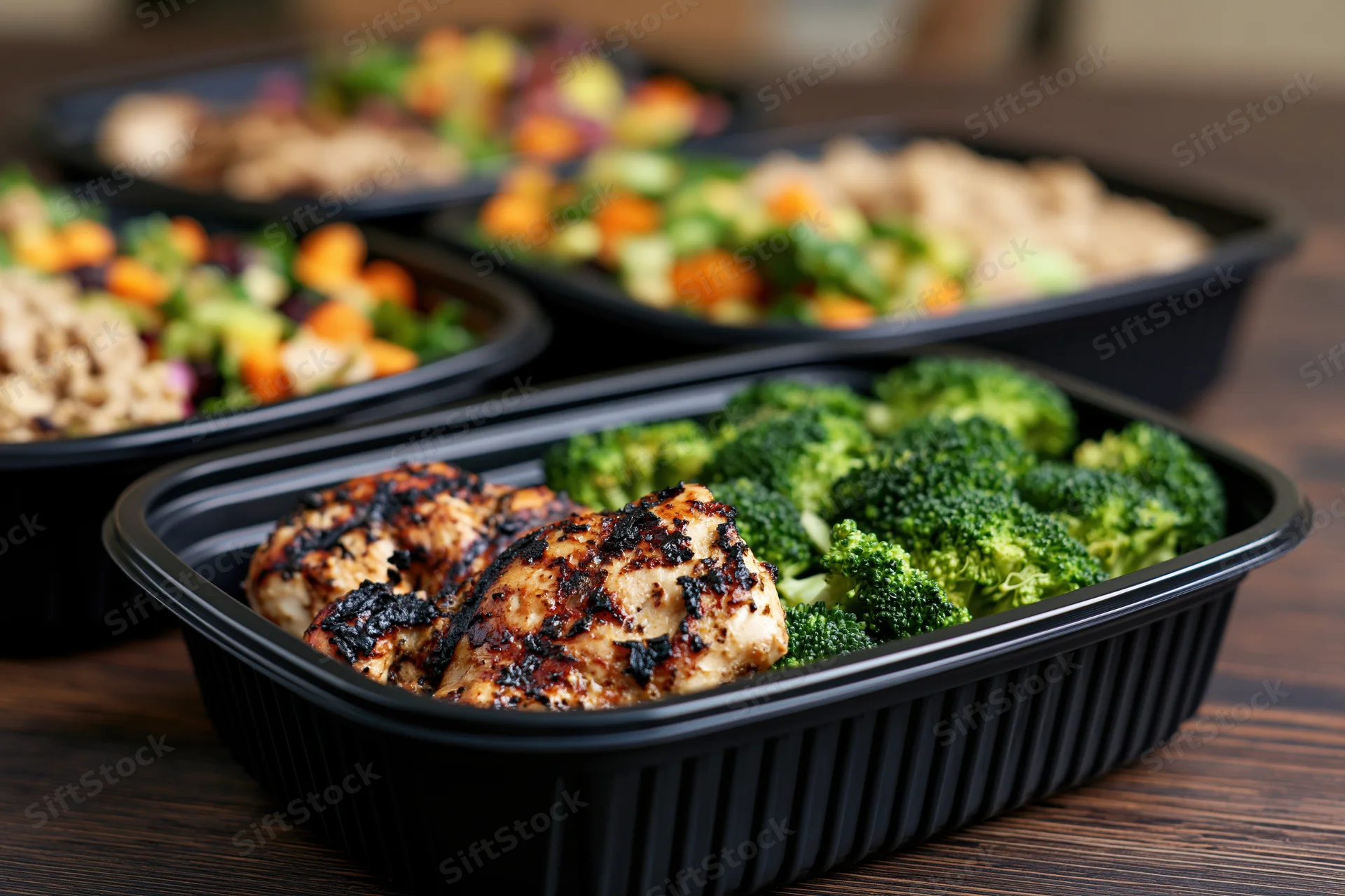 Grilled chicken and broccoli in black plastic meal prep containers on dark wooden surface
