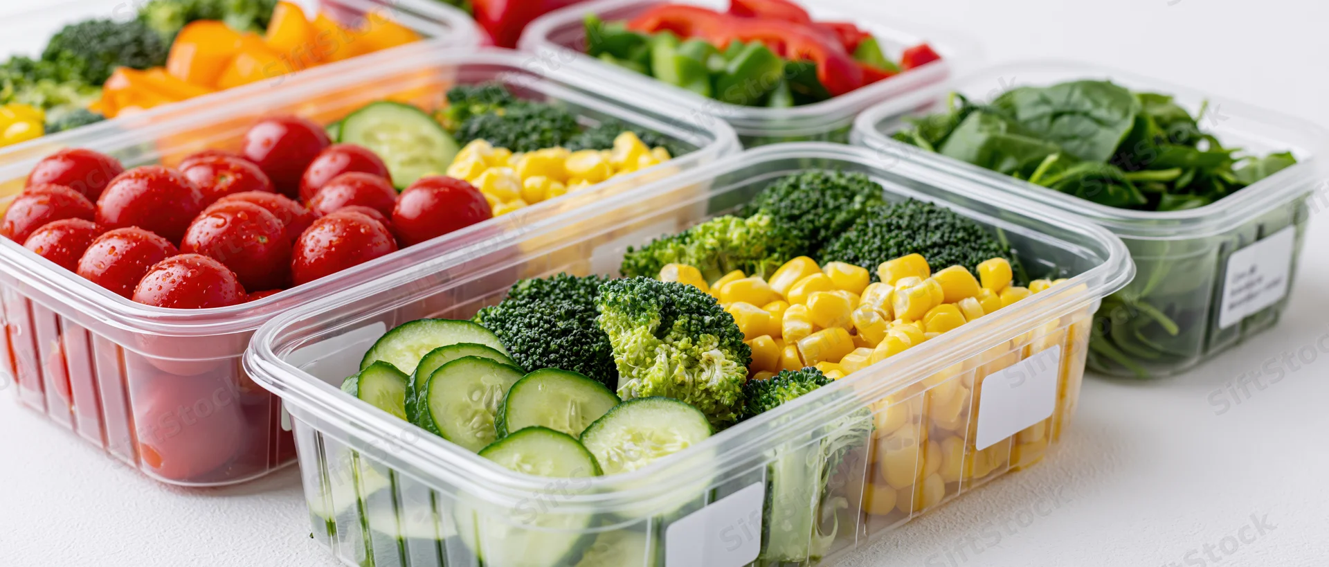 Clear plastic meal prep containers filled with portioned vegetables arranged on a white surface