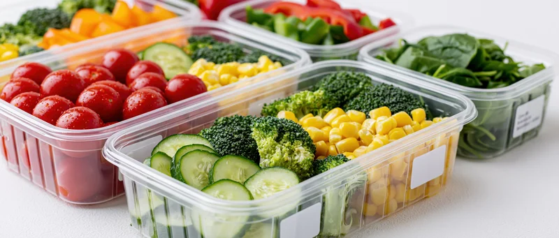 Clear plastic meal prep containers filled with portioned vegetables arranged on a white surface