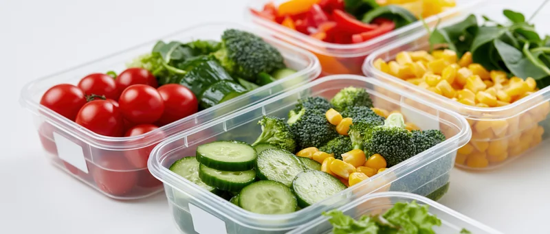 Clear plastic containers filled with portioned vegetables arranged on a white surface